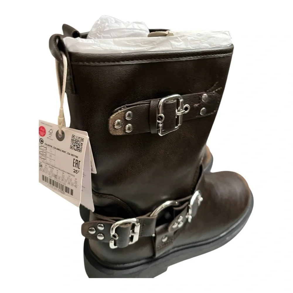 ZARA Girls Brown Buckle Moto‎ Boots | Size 2.5 New With Tags